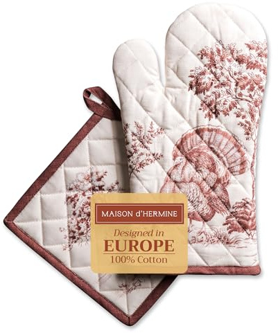 Maison d' Hermine Holy Jouy - Brown 100% Coton Ensemble de Gants de Four (19cm x 33cm) et manique (20cm x 20cm) pour Barbecue, Cuisine, pâtisserie, Micro-Ondes, Barbecue, Thanksgiving, Noël