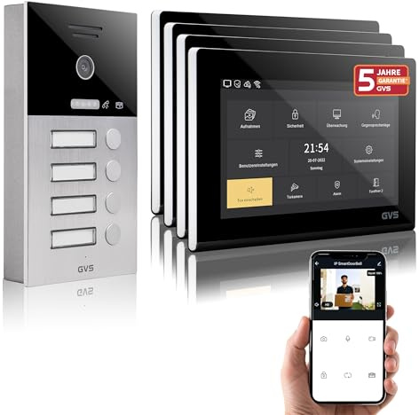 GVS IP Video Türsprechanlage mit Türöffner - 4x7 Monitor & App | Smarte Video Türklingel mit Kamera und Monitor & App - Gegensprechanlage mit Türöffner für 4 Familienhaus (AVS1092A)