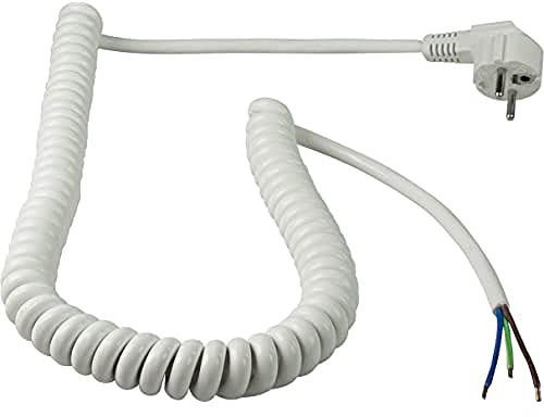as - Schwabe Spiralkabel Anschlussleitung 2 m Grundlänge, Weiß, 70427 | auf ca. 4 m dehnbar, Anschlusskabel H05VV-F 3G1,5 230V, 16A - Schutzkontaktwinkelstecker, Ende 60 mm abgemantelt, IP20