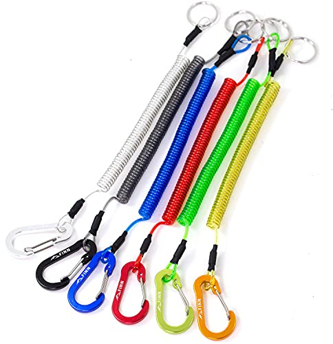6er-Pack FINN Outdoors® Karabiner mit Spiralkabel, Schlüsselband elastisch, Spiral Schlüsselanhänger, Sicherungsband, Schlüssel Spiralkabel, Lanyard Karabiner
