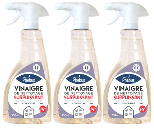 DSTOCK60- 3 botellas de vinagre blanco de limpieza ultra potente 0,75L, 14°- PHEBUS, producto original garantizado- desengrasante, desincrustante, herbicida- Limpieza de casa y jardín