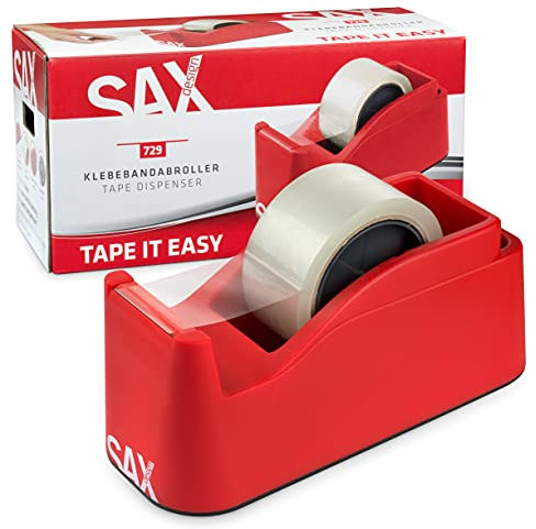 SAX Tape it Easy XXL Einhand Klebeband Abroller extra Schwer | für 1x 50mm Band oder 2x 25mm Band, Paketbandabroller mit Stiftehalter Funktion, rutschfest, inkl. doppelseitige Klinge