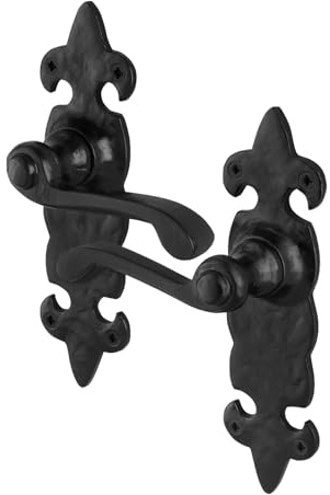 EAI Black Fleur De LYS Black Antique Door Handles Latch, 1 Pair of Cast Iron Internal and External Door Handles on Backplate