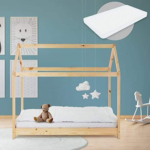 ML-Design Barnsäng 70x140 cm natur med madrass, tak och lamellram, hussäng för tjejer och killar, barnhus av furu, stabil ungdomssäng, massivträ barnsäng, sänghus leksäng