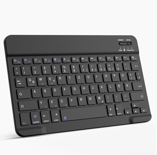 ZOYU Kabellose Bluetooth Tragbare Tastatur mit deutschem QWERTZ Layout | Für iPad Air/Pro/Mini, iPad 11/10,9/10,2/9,7 Zoll, Tablets, PC, Windows, Smartphone, Android, IOS, Leichte und Dünne, Schwarz