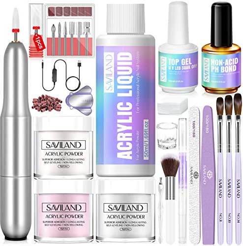 SAVILAND Set per Unghie Acriliche con Fresa per Unghie Polvere Acrilica Chiaro/Bianca/Rosa e 50 ml Liquido, Top Gel, Nail Prep, Pennello, Accessori, Set Completo per Unghie Acriliche per Principianti