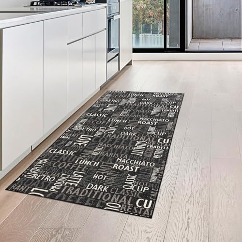 Teppich-Traum Küchenläufer Küchenteppich Love Coffee Grau Beige 67x180 cm | Pflegeleicht, schmutzabweisend, strapazierfähig und rutschfest, robustes Flachgewebe, für Küche, Essbereich und Bar