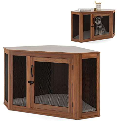 GYMAX Eck-Hundebox mit Kissen Hundehütte Haustierbox Holz mit Abschließbarer Tür Hundekäfig Haustierkäfig 114 x 60 x 68 cm Tierkäfig für zuhause Hundehaus Haustierhaus Braun