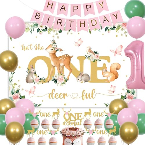 Isn't She Onederful Girls 1st Birthday Decorations, Deer First Birthday Party Supplies for One Year Old Girl - Floral Backdrop Gold Balloons Cake Cupcake Toppers, Woodland Animal Decors Set