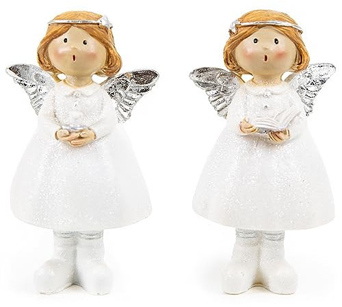 Logbuch-Verlag 2 personaggi angeli custodi regalo Natale bianco argento 11,5 cm decorazione da tavolo comunione