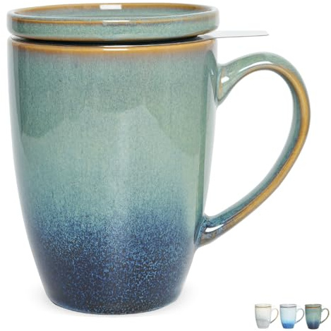 Bosmarlin Ceramic Tea Cup with Infuser and Lid, 13.5 Oz, Loose Leaf Tea Steeper Mug with Strainer, Microwave and Dishwasher Safe, Reactive Glaze (13.5 Oz, Pale Green)