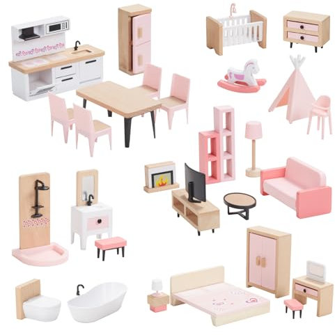 Giant bean Wooden Dollhouse Furniture Set, 32pcs Furnitures, Dollhouse Accessories Pretend Play Furniture Toys for Boys Girls & Toddlers 3Y+, Pink