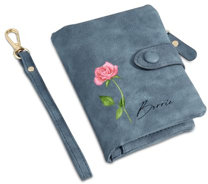 Presentimental Personalisierte Geldbörse Damen Leder Geburtstag Blume Name Brieftasche Portemonnaie Geschenk für Damen Mutter Ehefrau Muttertag (Blau)
