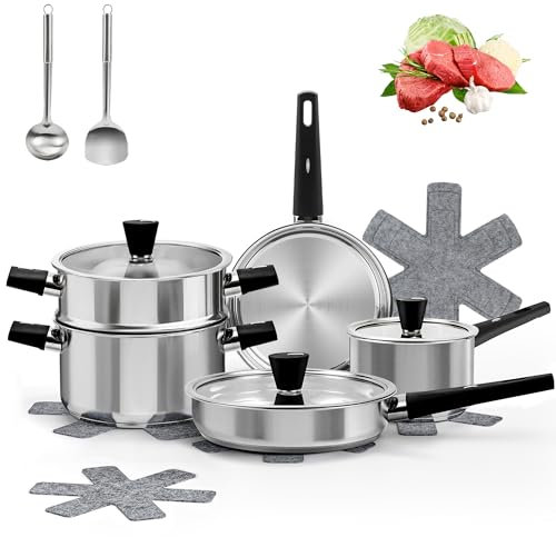 Tieplis Set di pentole e padelle, in acciaio inox, 14 pezzi, con inserto a vapore e utensili da cucina, lavabile in lavastoviglie, per tutti i piani cottura (gas, elettrico, ceramica, induzione)