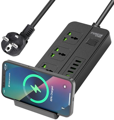 Steckdosenleiste mit kabellosem Laden, 6 USB-Ports A C und 3 Universal-Steckdosen – 2 Meter Verlängerung mit Schalter – Mehrfachsteckdose für Zuhause und Büro