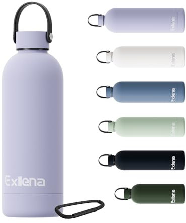 Exllena 500ml Water Bottles Metal with Handle Lid and Carabiner, Double Wall Vacuum Drinks Bottle Keeps Drinks Cold 24 Hrs/Hot 12 Hrs, Stainless Steel Water Bottle BPA Free(Purple)