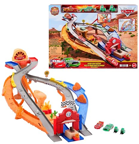 Mattel Disney and Pixar Cars Toy Playset, Lightning McQueen & Chicks Hicks & 2 Pitty Crew Vehicles, 2 Ways to Race, Race & Rescue Rescue Road Raceway