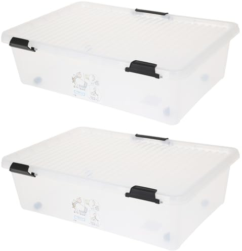 Muddy Hands Pack of 2-32 Litre Large Clear Plastic Storage Boxes with Lids & Wheels Under Bed Stackable Containers - Length: 60cm - Width: 40cm - Height: 17cm