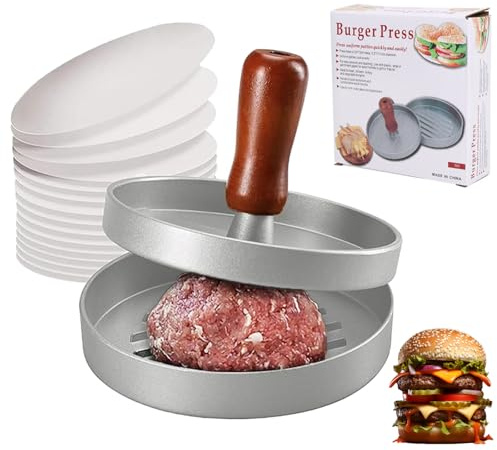 PIDUNYO Burgerpresse, Burger Maker mit 100 Blatt Burger Papier, Antihaft Patty Presse, Einfach zu Reinigen Hamburgerpresse, Edelstahl Burger Presse für Leckere Hamburger, Patties, Ø 11 cm