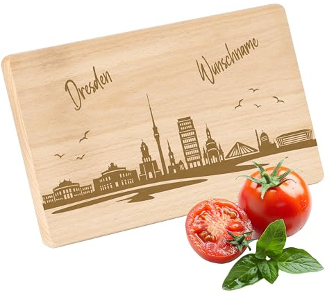 Gravur-Max Frühstücksbrettchen mit Skyline Gravur Dresden – personalisierbar mit Wunschname – Personalisiertes Holz Schneidebrettchen, 22x12x1 cm, Unbehandeltes Buchenholz – ideal als Geschenk