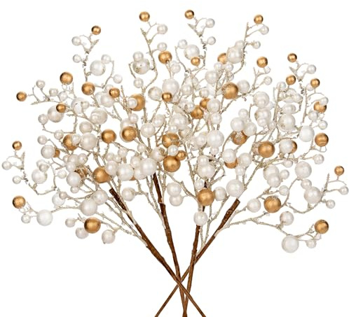 Oairse 4er Set Kunstpflanze Kunstzweig Künstlicher Beerenzweig Weihnachten deko Glitzer, Dekorative Zweige mit Beeren Künstliche Holly Berry für Weihnachtsbaum, Christbaumschmuck, Gold-Weiß