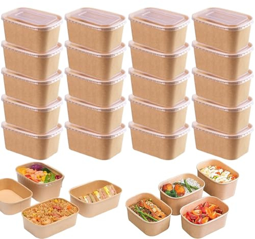 20 Stück Kraftpapier Schale, Take Away Kraftpapier Box, Mehrweg Schüsseln | Essen Verpackung Einweg, 1000ml, Pappschüsseln, Wasserdicht, Ölbeständig, Zum Mitnehmen, Arbeitsessen, Reisen