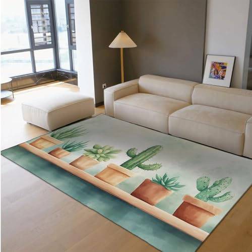 UERWOWELL Foldable Area Rug Tropical Green Cactus & Succulent Plant Pot Pattern Low Pile Carpets for Living Nursery Room Bedroom Kitchen 160x220cm