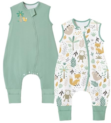 Chilsuessy 2er Pack Baby Schlafsack mit Füßen 1.5 Tog Ganzjahres Schlafsack Babyschlafsack mit Beinen Schlafstrampler für Jungen Mädchen, 1.5 Tog/Grün + Waldtiere, 80cm/Baby Höhe 90-100cm