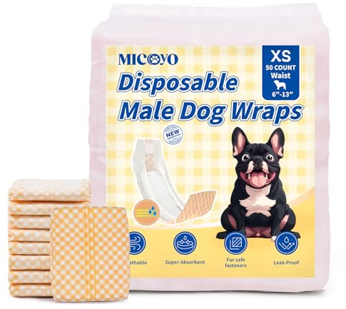 MICOOYO Pannolini usa e getta per cani maschi – Pannolini ad alta assorbenza per incontinenza con indicatore di umidità (XS, Confezione da 50)