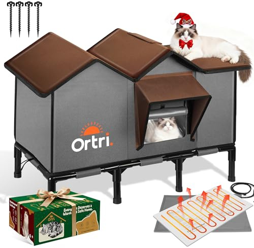 Outdoor Heated Cat House for Outside: Winter Insulated Weatherproof 30×14×20 Shelter with Extra Large Elevated Warm Heater and Waterproof Heating Bed for Multiple Feral Kitties Small Pets for Barn