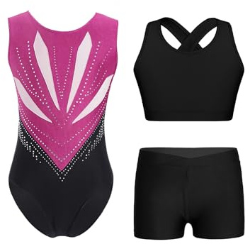 Yruioon 3 Stück Mädchen Turnanzug Glitzer Gymnastikanzug Ärmellos Gymnastik Leotard mit Sport BH Tops Shorts Wettbewerb Tanzkostüm