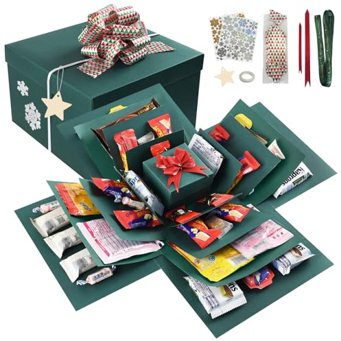 CHWNIBAY 5 Capas Caja Explosiva, Explosion Box para Bricolaje, con Lazos de Regalo, Caja Sorpresa para Cumpleaños, Aniversario, Día de San Valentín, Navidad, Verde