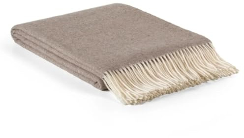 Lussuosa coperta in lana merino e cashmere, 200 x 140 cm, beige con frange bianche, realizzata a mano in Ucraina