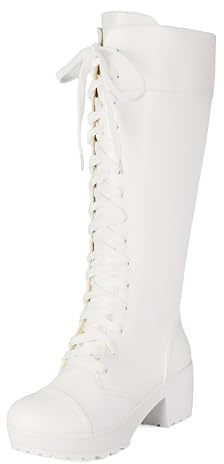BEAUPAS Women's Knee High Combat Boots Lace-Up Platform Chunky Block Heel Goth Tall Boots(White,8.5)
