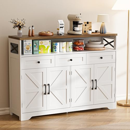 BonVache Sideboard, Küchenschrank mit Schubladen, Aufbewahrungsschrank, Anrichte mit Offenem Regal, Kaffeebar Schrank für Küche, Esszimmer, Wohnzimmer, 120 x 35 x 95cm, Weiß