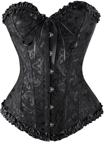 Jabidoos Corsetto Nero Donna - Corsetto Top Donna Elegante Bustino Corsetti Stringivita Bustier Black Corset Nero Pizzo Gothic Costume Halloween Curvy Steampunk Corpetto Modellante