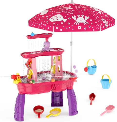 HYES Vattenbord för barn, 3-nivåer splash sandbord, vattenlekbord med skärm, regndusch, stänk, damm för stranden utomhus, trädgård, sommar, vatten, lekbord för pojkar, flickor, 3, 4, 5