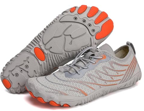 Shephorion Barefoot Water Shoes for Women Men, Quick Dry Aqua Beach Shoes with Wide Toe Box, Non-Slip for Swim Surf Diving Hiking Gym,Grey/Orange, 7 UK