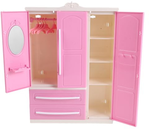 HOMOCONO Puppenkleiderschrank-Set mit Kleiderbügeln: Kleiner Puppenhaus-Kleiderschrank mit Schubladen – Mini-Kleideraufbewahrung aus Kunststoff für 30 cm große Puppen – Schlafzimmermöbel zum