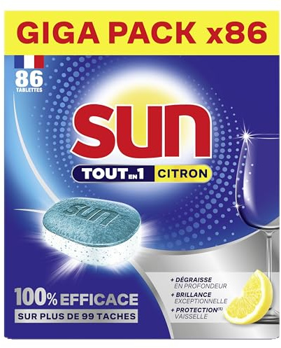 Sun - Tablettes Lave-Vaisselle, Tout-en-1, Citron, 86 Pastilles | Détergent pour lave-vaisselle éliminant 99 taches, formule 80% naturelle, action dégraissante et anti-calcaire sans rinçage