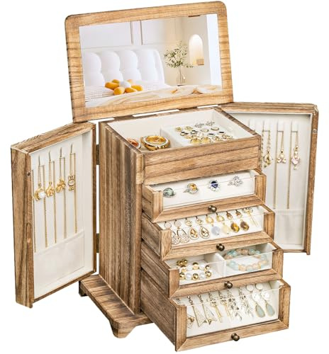 amoard Große Schmuckschatulle und Organizer für Damen,für Halsketten Ohrringe Armbänder Ringe, 4 Ebenen Schmuck Organizer Schmuckbox mit Schubladen und Spiegel (Braun)