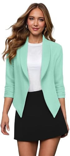 Hybrid & Company Lightweight Open Front Cardigan Classic Ruched Sleeve Work Office Blazer Suit Jackets JK1133 Mint XL