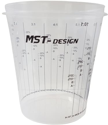 MST-DESIGN 50 x 2300 ml Lackmischbecher, Robuster Einweg Messbecher mit Skala, Mischbecher für Lacke, Farbe, Lasur, Füller etc., Kunststoffbecher mit Mischverhältnis, Hochwertiges Lackierzubehör