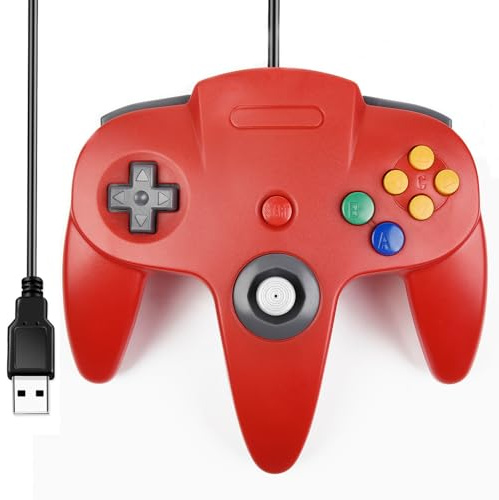 miadore Mando PC N64 con cable USB,Plug & Play (Rojo) | compatible con Windows PC,MAC,Linux,Genesis,Raspberry Pi 3,Retropie Emulator