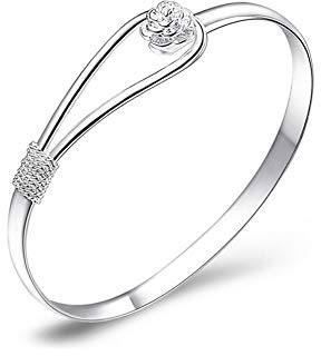 Elegant Silver Bracelet With Floral Design Clip-On Button Charm - Classic Bangle Jewellery for Women Girls (925 Plated Silver)