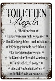 Blechschild 20x30cm gewölbt Toiletten Regeln im Sitzen WC Klo Vintage Deko Geschenk Schild