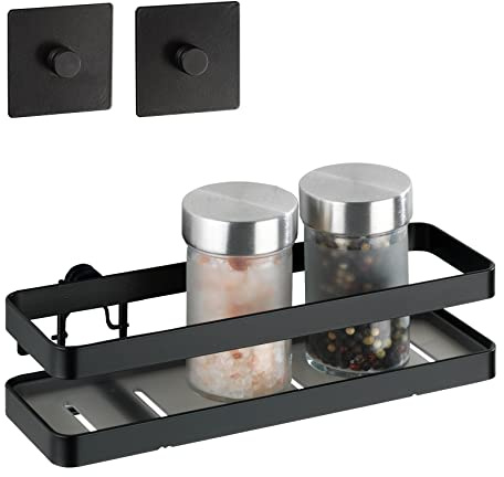 WENKO Turbo-Loc® Gewürzregal Gala, Gewürzständer für Gewürze und Küchenutensilien, Set bestehend aus Regal und passendem Adapter, pulverbeschichteter Flachstahl, 22 x 5,5 x 7 cm, Schwarz matt