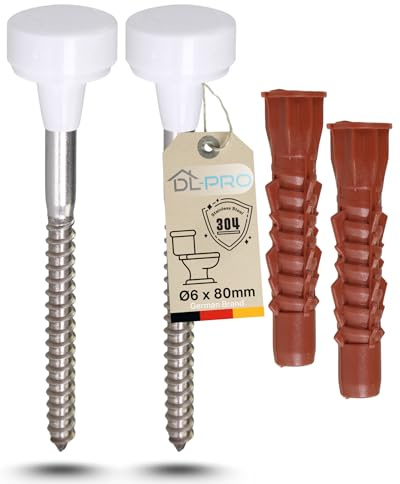 DL-pro WC Befestigungsset 2er Set – Schrauben Ø6×80 mm & Dübel Ø10 mm – WC Bodenbefestigung für Stand-WC mit weißen Abdeckkappen – Edelstahl 304