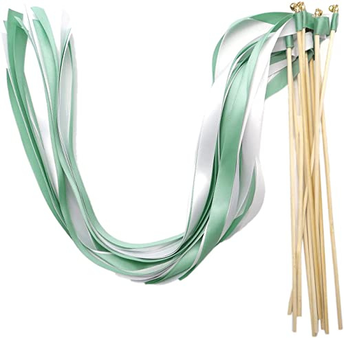 30 Stk Seide Zauberstäbe mit Hochzeitsbändern und Glocken,Seidenfeenstab Glücksstäbe Wedding Ribbon Stick Gastgeschenke für Hochzeit Weihnachten Babypartys Geburtstag Partydekorationen,Grün+Weiß