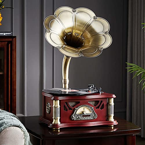 Record Player Retro Turntable,Vintage Gramophone Bluetooth Speaker,Classic Aluminum Phonograph,Vinyl Record Player 33/45/78RPM,Support 7/10/12 Vinyl,Copper Horn,Remote Control, Aux-in/USB/(Color:C)